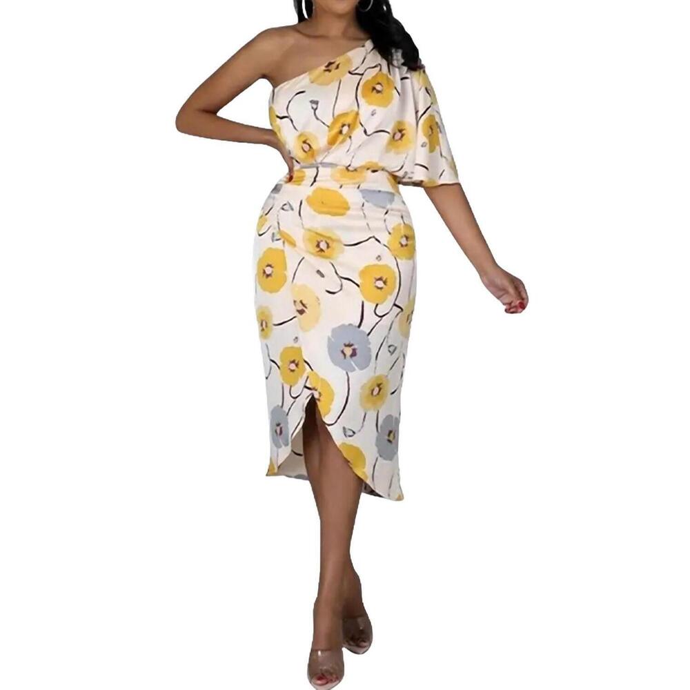 NEW BLACK PEARL CLOTHING one-shoulder ruched floral-print midi dress in yellow
